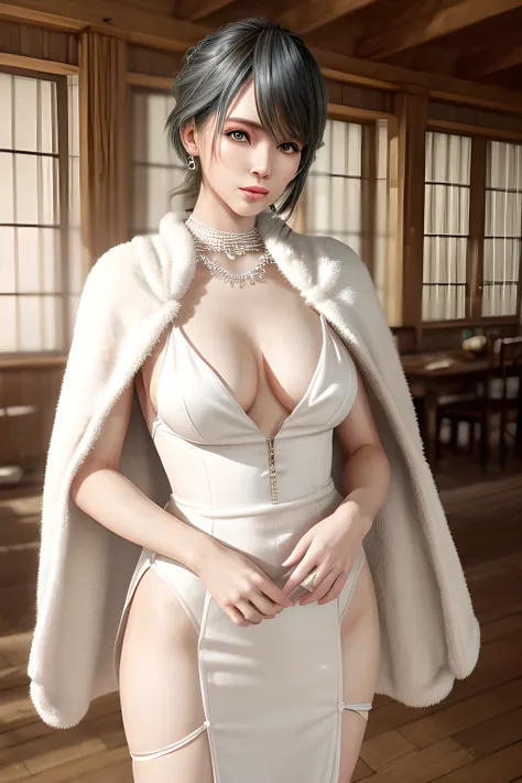 A lady with extraordinary temperament, she stands in a modern indoor space, as if she is a model from a fashion magazine. She is wearing a (pure white long fur cape), the softness and luster of which makes her look more noble under the light, and complemen...