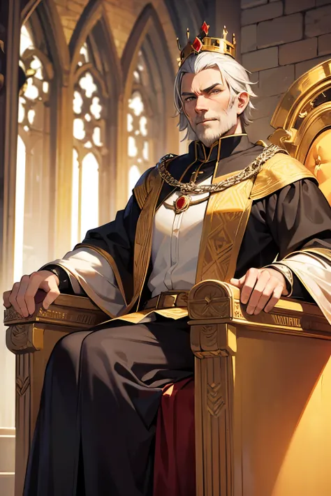 40 year old medieval ugly king, short hair, clean-shaven, looking down sternly at me from his throne, wearing heavy crown, evil ...