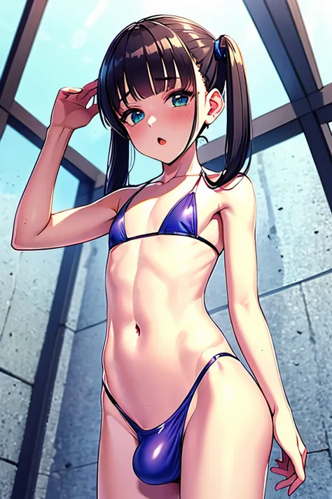 (masterpiece, best quality:1.2), 1boy, trap, femboy, pretty face, wearing a slingshot bikini, (bulge:1.2), groin, thighs, twintails, bangs, looking at the viewer, view from below,