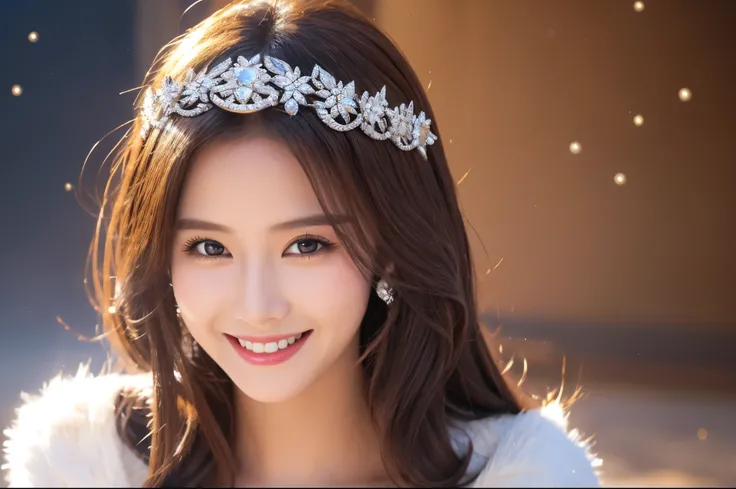 Highest quality　masterpiece　detailed　A very pretty woman is smiling and looking at diamond dust　Photo style　Fantasy　dramatic