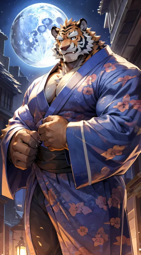 solo,masterpiece,high quality,(detailed eyes),furry male tiger,((blaidd)),huge muscular,huge body,looking at viewer,anime,looking viewer,showing muscle,((yukata)),night,moon,grow,(by null-ghost),by pino daeni