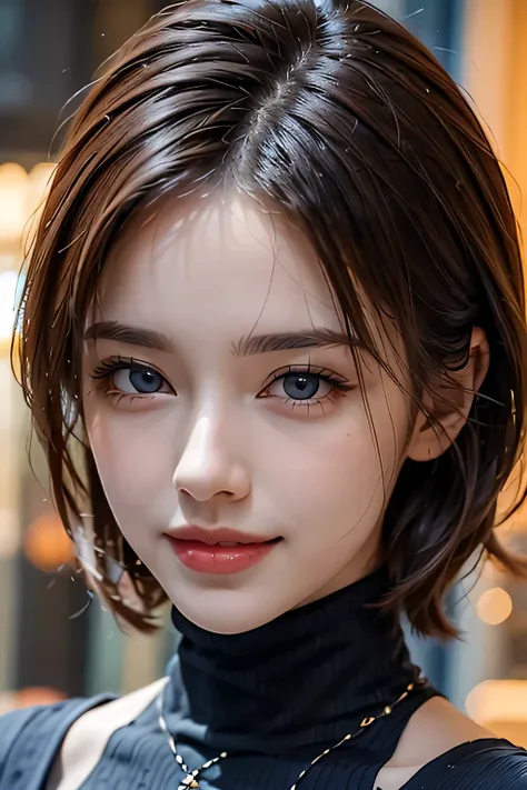 ((masterpiece)), ((Highest quality)), ((Complex)), ((Surreal)), (Realistic), (Mature Woman), ((There are no classes)), Very detailed, (1 female), Beautiful and exquisite, (Beautiful Teeth), Grin, Brunette bob hair, Brown eyes, ((Blue turtleneck)), (Upper B...