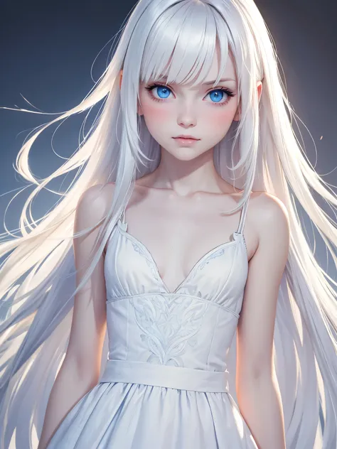 (best quality), 1girl, female, pale skin, white hair, long hair, swept bangs, straight hair, blue eyes, perfect eyes, a_line_dress, , skinny body, flat chest, blush, masterpiece, anatomically correct, highres
