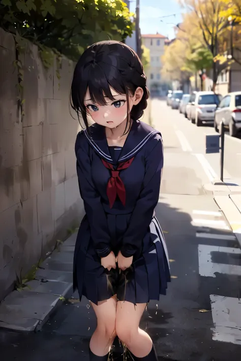 (a woman is hiding in the shadow and leaving from street, tree, fence), (((round face, drooping eyes))), hentai, ((navy sailor s...