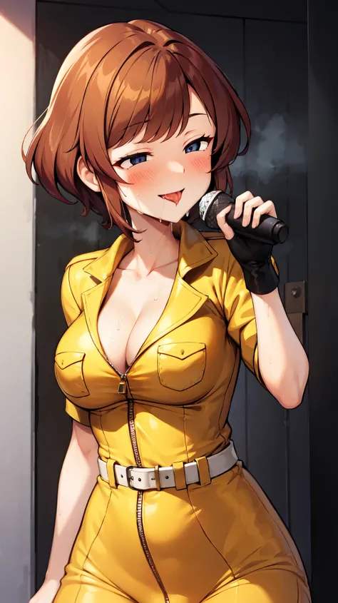 （（super high quality,Ultra-high resolution,16K,super masterpiece,Ultra HD ,Detailed shading,））A dimly lit park at night,Sexy woman,Cleavage,Yellow jumpsuit,White belt at waist,popped Tight collar,smile,blush,Sweaty,holding a microphone in his hand,Licking ...