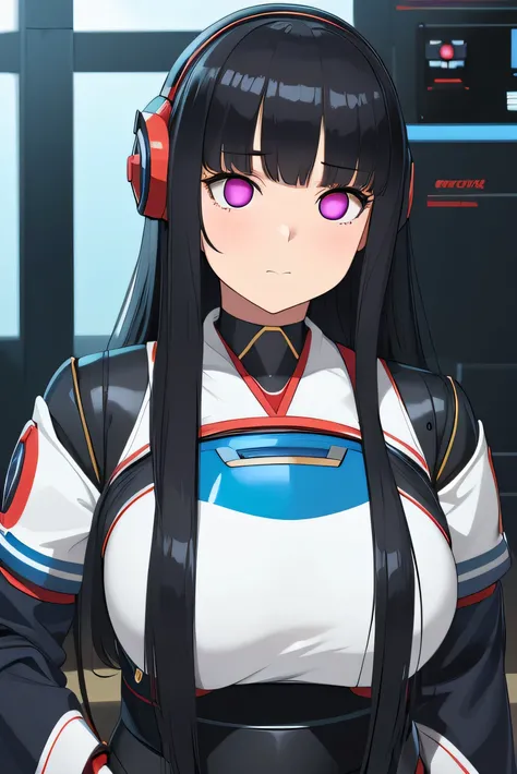 masterpiece, best quality, extremely detailed, Japaese android girl,portrait,Plump,a bit chubby,control panels,android,Droid,Mechanical Hand, Robot arms and legs, Black hair,Blunt bangs,perfect robot girl,long tube,thick cable connected her neck,android,ro...