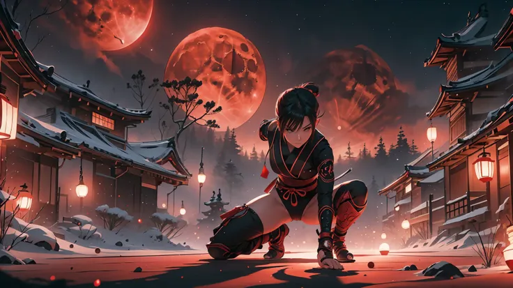 a kunoichi, in the shadows, red moon behind, ninja position, ultra detailed, with lots of details, sparkles, and a well-crafted ...