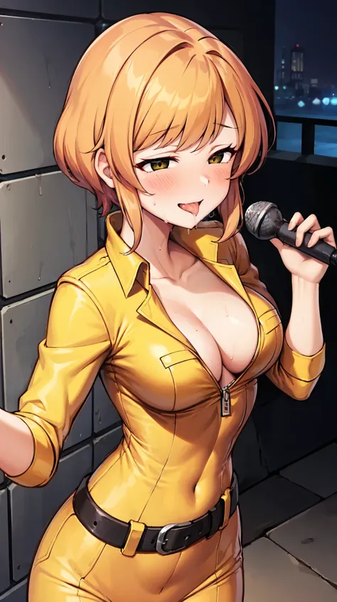 （（super high quality,Ultra-high resolution,16K,super masterpiece,Ultra HD ,Detailed shading,））A dimly lit park at night,Sexy woman,Cleavage,Yellow jumpsuit,White belt at waist,popped Tight collar,smile,blush,Sweaty,holding a microphone in his hand,Licking ...