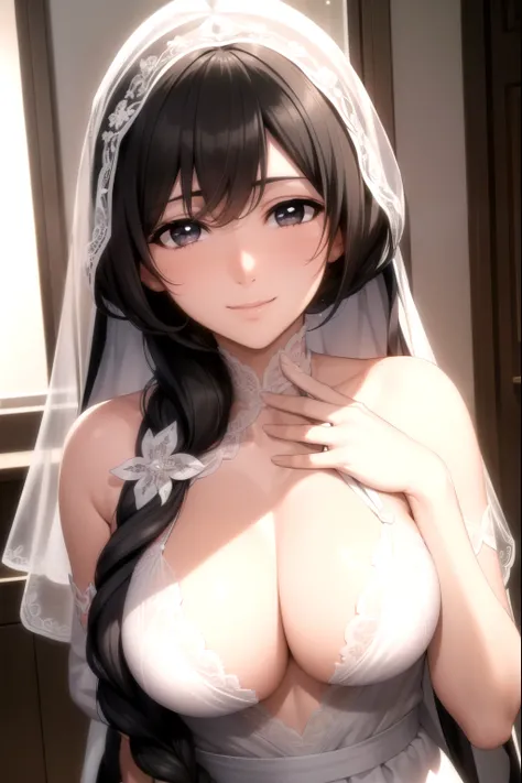 Usohana, Usohana, Long hair, Black Hair, Weaving, single Weaving, (black eyes:1.5), bridal veil, bride, white bra, white lace, white panty, rest looking at viewer, whole body, rest indoors, rest (masterpiece:1.2), best quality, high resolution, Unity 8K wa...