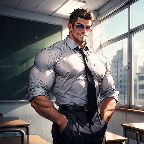 Chalk, sunglasses, science teacher, schoolteacher, tie, tall, muscular man with a strong and intimidating presence standing confidently. He has a strong jawline, sharp eyes, and a smile, with a school classroom in the background.