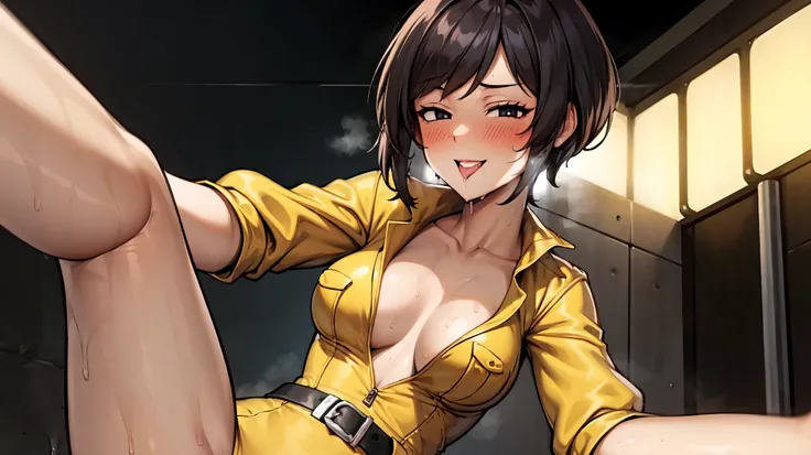 （（super high quality,Ultra-high resolution,16K,super masterpiece,Ultra HD ,Detailed shading,））A dimly lit park at night,３Sexy woman,Cleavage,Yellow jumpsuit,White belt at waist,popped Tight collar,smile,blush,Sweaty,holding a microphone in his hand,Licking...