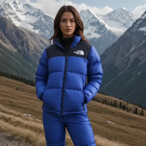 (full body shot) muscle women  tnf_nuptse jacket and thick puffy double layered tnf_nuptse parkasite downsuit glosssuit, hyperde...