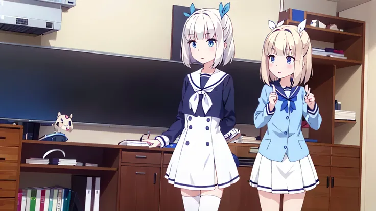 1 white-haired girl with ribbon decorations on her head, blue eyes at school navy blue miniskirt Women in white stockings at home