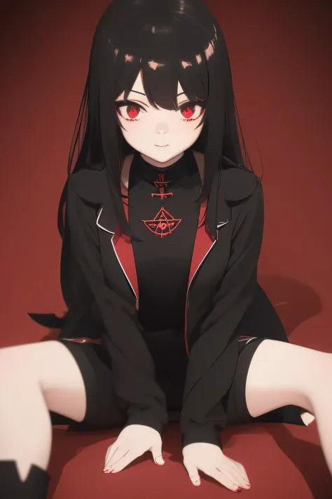 a cute vampire sitting on your bedroom floor, hellspawn vampire, black straight hair, crimson eyes, location: middle of your roo...