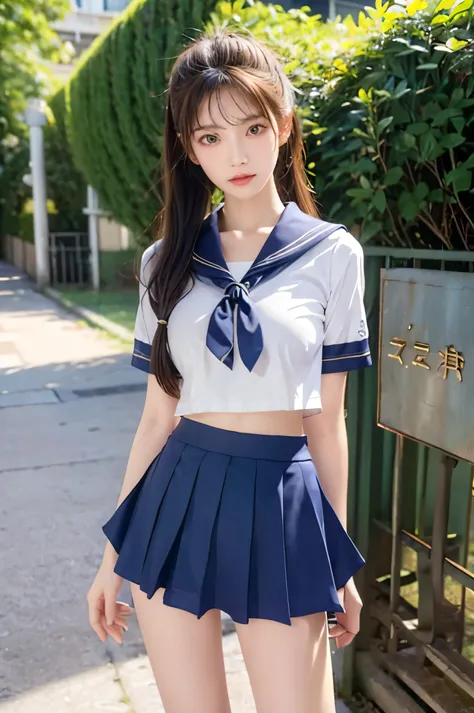 (ultra hd), (looking at me), (the whole body is shown), (short-sleeved sailor uniform, navy blue low-rise mini skirt), big breas...