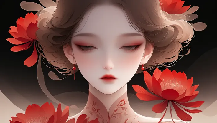 (masterpiece, best quality:1.2), 1 girl, Solitary,Pretty Face,Red Lipoism Art Nouveau,Illustration style,Black and red,Flowers