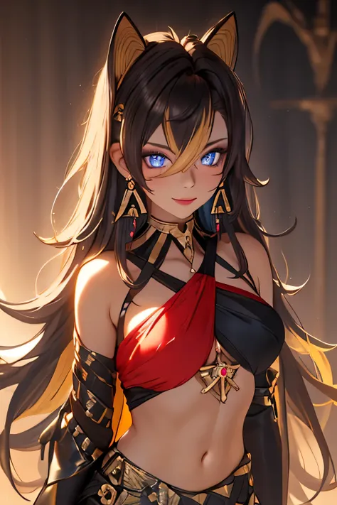 best quality, masterpiece, highres, solo, {dehya_genshin:1.15}, multicolored_hair, long_hair, bangs, blue_eyes, streaked_hair, dark-skinned_female, dark_skin, blonde_hair, black_hair, hair_between_eyes, jewelry, crossed_bangs, halterneck, earrings, animal_...