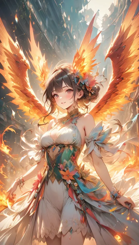 Pale colors, ((Astonishingly absurd)), Ultra high resolution, Attention to detail, High quality, High resolution, Top quality, 4K, 8k, Artwork, Fantastic work,faize、embroidery、Old tapestry、Phoenix、Spread your wings wide and fly in the sky、Long tail feather...