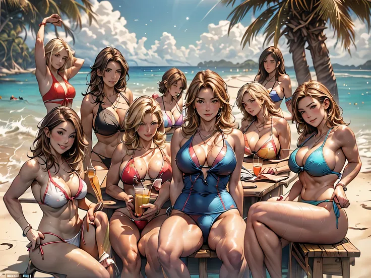 (very detailed, 4k, photorealistic),(camera shot from the back, focusing on midsection and below), ((5 mature woman in different swimsuits of many colours, Group photo:1.4), (crowded beach bar scene), sitting facing away from the viewer, sexy bums, girls b...