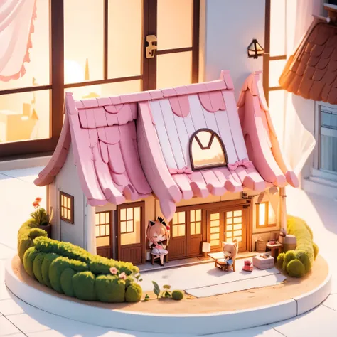 A tiny chibi girl with a cat ears sleeping comfortably on a mini couch besides a a window of a big house, sunset, scattered stuff, diorama, tiny