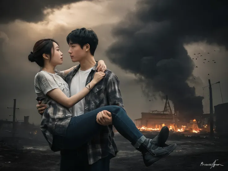 a captivating aerial portrait of a young korean couple, one man and one woman, in a romantic and dramatic scene. the man confide...