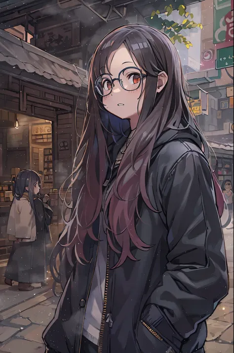 standing outside, Wear glasses, Wearing a black jacket, ((Long Hair)), Paintings inspired by Zou Jie, tumbler, realism, Chen Xintong, Around 1, Qi Chao Wan, Huang Huifeng, Jeron Hsu, Zhang Qifan, Zhangpeng Town, Mongen, Yi Haoren, Zhezhou Chen.