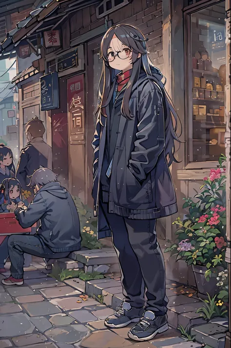 standing outside, Wear glasses, Wearing a black jacket, ((Long Hair)), Paintings inspired by Zou Jie, tumbler, realism, Chen Xintong, Around 1, Qi Chao Wan, Huang Huifeng, Jeron Hsu, Zhang Qifan, Zhangpeng Town, Mongen, Yi Haoren, Zhezhou Chen.