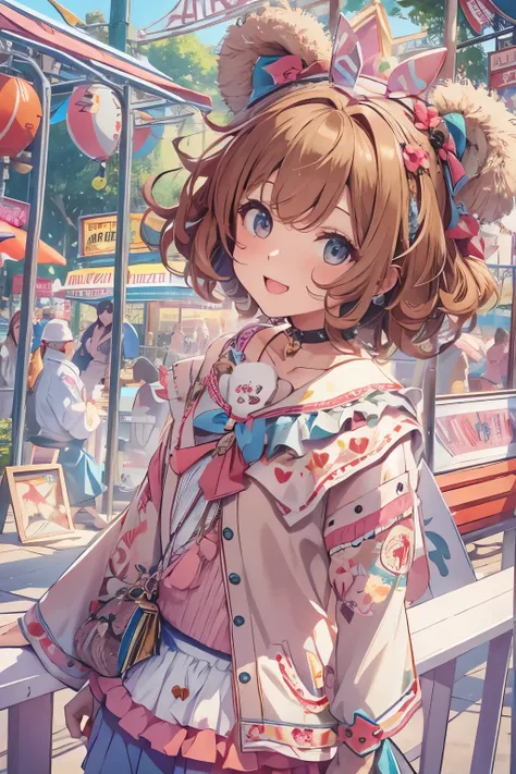 Top quality, highly detailed, UHD, idol, playing at an amusement park, cute and beautiful anthropomorphic koala girl with brown curly bob hair wearing a heart-shaped choker, casual clothes