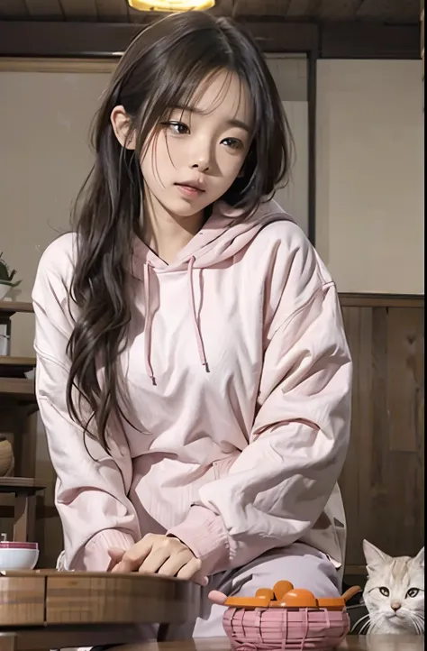 female, wearing loose-fitting clothes, pink cotton hoodie, sitting in a traditional japanese tatami room. she is comfortably sea...