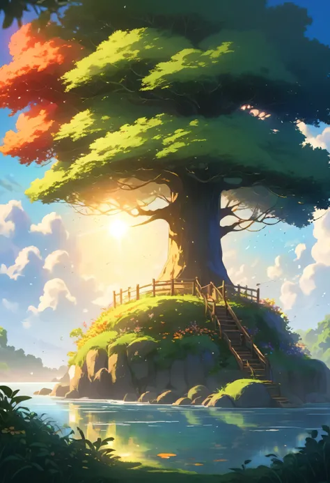 Use studio Ghibli style.Craft a peaceful sunset scene on a floating island in the sky, featuring a towering, mystical tree with deep green leaves that have warm red edges. The tree should dominate the left side of the image. In the background, depict a glo...