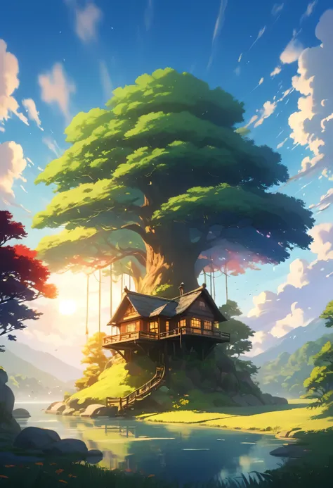 Use studio Ghibli style.Craft a peaceful sunset scene on a floating island in the sky, featuring a towering, mystical tree with deep green leaves that have warm red edges. The tree should dominate the left side of the image. In the background, depict a glo...