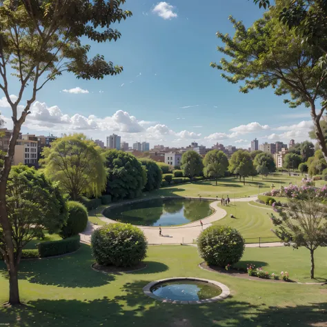 Perfect spring day in parks and gardens, few trees and lakes, sunny atmosphere, with a park in the background with some buildings in the background , without people, promotional shot, peru , realistic image
