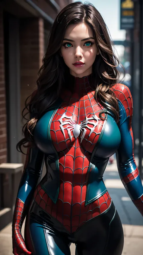 girl cosplays as spiderman, sexy girl , posing at full height , very large breast, curvy girl, divine face, beauty face, big eye...