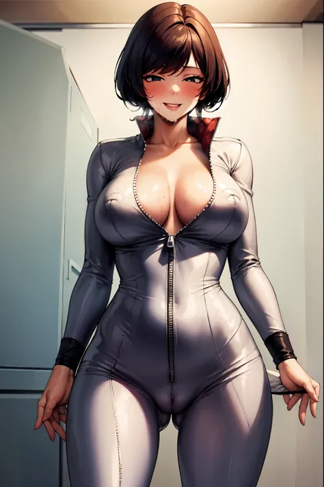 （（super high quality,Ultra-high resolution,16K,super masterpiece,Ultra HD ,Detailed shading,））Dimly lit room,（（One woman,Sexy older sister））,Cleavage,White jumpsuit,Zipper up to the crotch,popped Tight collar,smile,blush,Sweaty,Looking straight ahead,Holdi...