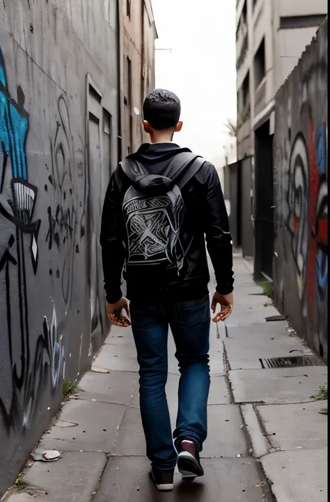 a young man with his back turned following the path in an alley full of graffiti with the word " only! " on the walls after leaving an artistic mask behind in pieces 