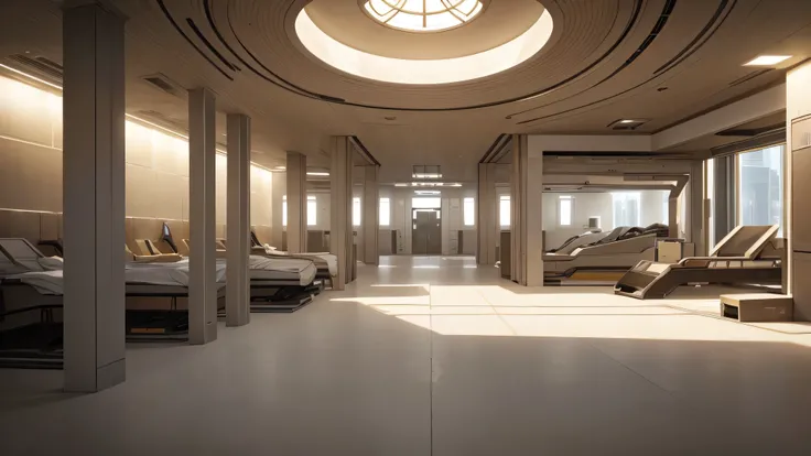 Create a scene Interior space of a futuristic hospital. sand tones. desert environment.