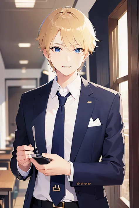 upper body、Side shot、shiny skin、masterpiece、Highest quality、BREAK ld male:1.5) and (Blonde short hair) and (Blue eyes), (Wearing a suit:1.3) and (tie) BREAK 
(smile:1.3),open mouth,Are standing、The background is the office、(alone:1.5)、Upper body is shown、