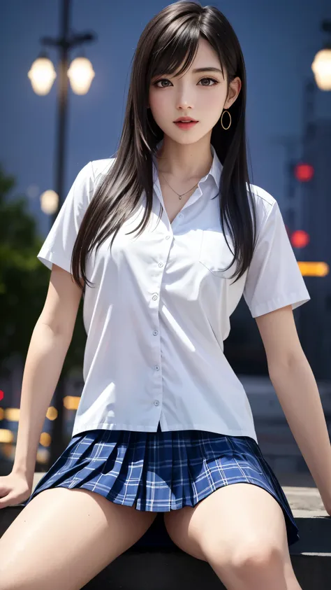 {Top Quality, Masterpiece}, (Realistic: 1.3), Wallpapers, ultra high res, ultra high quality, BREAK {{{FF7, Tifa_lockhart, solo}}},{{{Japan JK uniform, White short-sleeved shirt, Navy Blue Plaid Pleated Skirt, Dark blue short socks, loafers, see through sh...