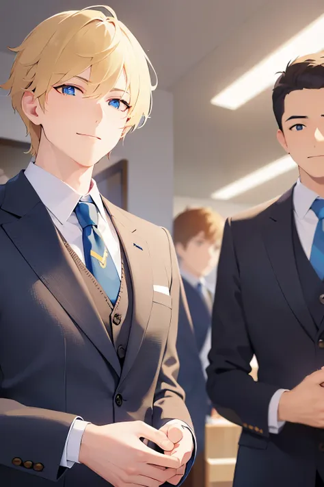 upper body、Side shot、shiny skin、masterpiece、Highest quality、BREAK ld male:1.5) and (Blonde short hair) and (Blue eyes), (Wearing a suit:1.3) and (tie) BREAK 
(smile:1.3),open mouth,Are standing、The background is the office、(alone:1.5)、Upper body is shown、