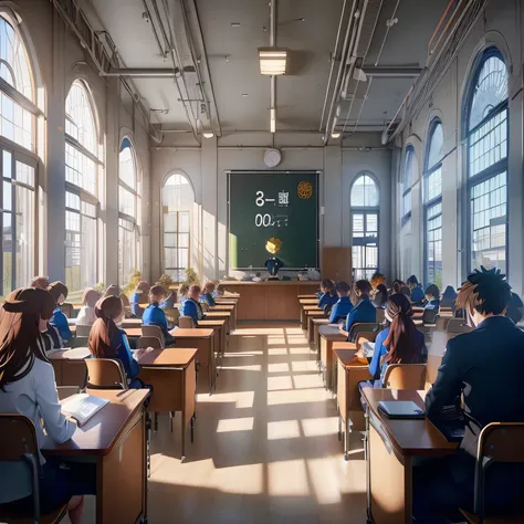 there are many people sitting at desks in a classroom, typical anime classroom, todays featured anime still, best on adobe stock, school classroom, in a classroom, pixar zootopia. 3 d rendering, rendered in unreal engine 5, rendered in unreal engine 6, in ...