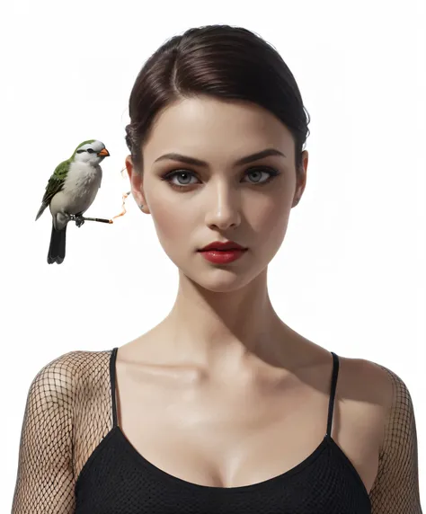 ( there is a woman holding a cigarette in her hand ), ( Elizabeth from Burial at Sea ) (realistic:1.5), (fully dressed), ((female in 1950 hair short hair style a white long-sleeved blouse, her bird cameo, a black knee-length tight fitted skirt with a red b...