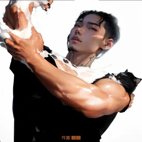 there is a man holding a cat in his arms, glossy from rain, leaked image, inspired by Zhu Da, dripping skin, inspired by Yanjun Cheng, hsiao-ron, cai xukun, taejune kim, ++++ super veiny hands, inspired by Bian Shoumin, 2 arms, arms extended, shiny glossy ...