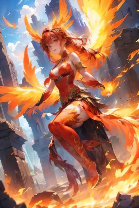 cute fiery phoenix girl, with vibrant feathers, soaring out of smoldering ashes, clashings its claws with a menacing demon in a mystical, ancient realm of towering ruins and swirling mists, middle-breasts