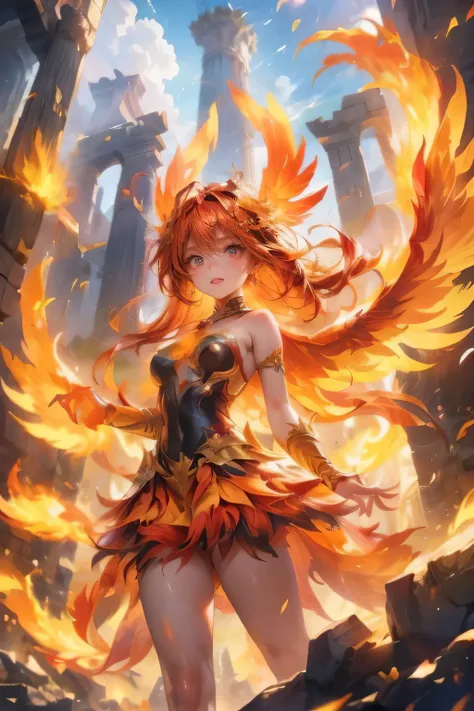 cute fiery phoenix girl, with vibrant feathers, soaring out of smoldering ashes, clashings its claws with a menacing demon in a mystical, ancient realm of towering ruins and swirling mists, middle-breasts