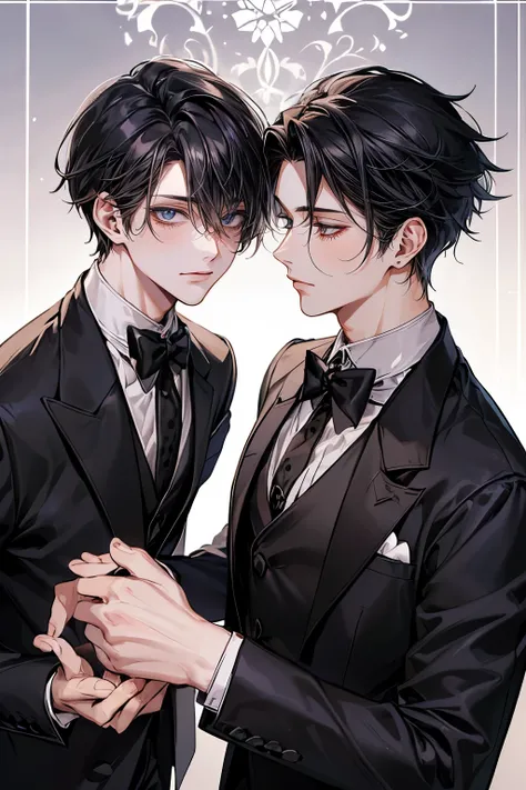 (Mastepiece)、(Best Quality)、Very detailed、((Two friendly butlers:1.4))、Perfect Face、Beautiful Face、Very detailedな顔、(Black-haired butler:1.3)、(White-haired butler:1.3)、Deacon&#39;s uniform、flower