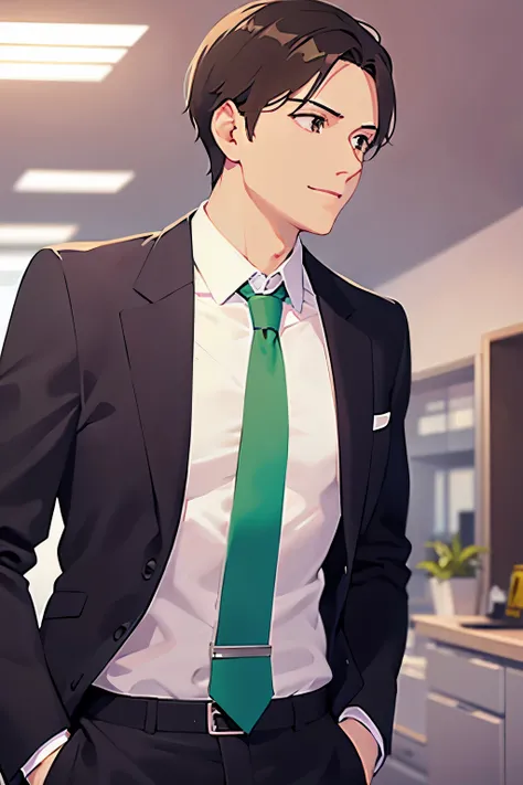 side angle, (looking away:1.5),upper body、shiny skin、masterpiece、Highest quality、BREAKld male:1.5) and (Brown short hair) and (Green Eyes)BREAK、 BREAK (Wearing a suit:1.5) and (Green tie：1.5)BREAK、 (smile:1.3),open mouth,Are standing、The background is the ...