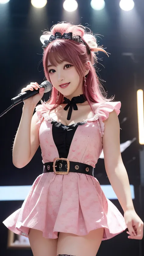 Tabletop, Highest quality, figure, Very detailed, In detail, High resolution, 8k wallpaper, Perfect dynamic composition, Beautiful attention to detail, (idol、stage)、(idolのかわいい衣装、Pink outfit 1.2),Medium Hair,  Natural color lip, Random sexy poses,smile,