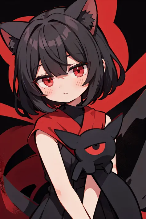 Red eyes on a black background holding a cute character