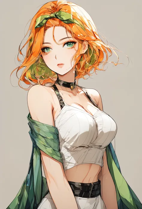 1girl, elegant erotic beautiful girl, big breasts, ((short orange hair)), hair is short, ((green ribbon in hair)), maxi dress, adultery, indecent, vulgar, Nakano Yotsuba, intricate details, delicate facial features, beautiful blue eyes, ulzzang, long eyela...