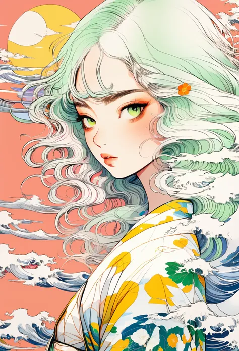 a mesmerizing surreal illustration of a young japanese woman. she has pastel green hair with blunt bangs, yellow eyes, and wears...